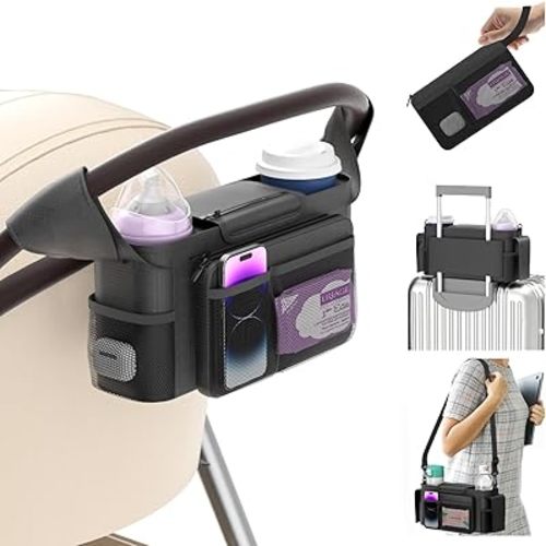 KDD Universal Stroller Organizer with Insulated Cup Holder, Stroller Bag Caddy with Detachable Wristlet Pocket & Shoulder Strap, Stroller Accessories Fits Uppababy, Doona, Nuna, Baby Jogger, Britax