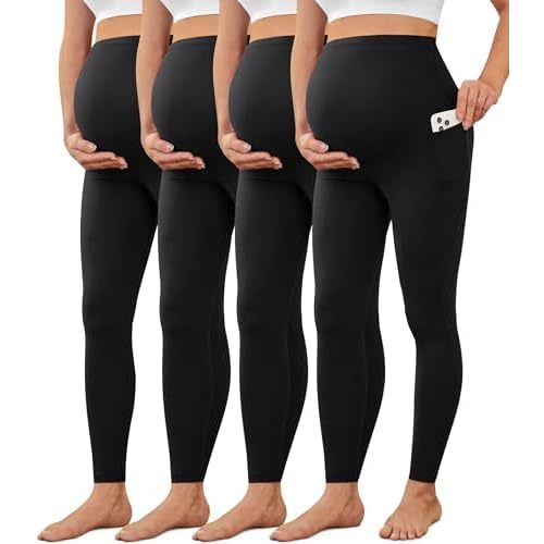 VALANDY Creamlush 4 Pack Maternity Leggings with Pockets, Over Belly Buttery Soft Pants for Yoga, Lounge, Daily Wear