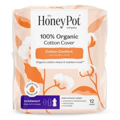 The Honey Pot Company, Non-Herbal Overnight Pads with Wings, Organic Cotton Cover - 12 ct
