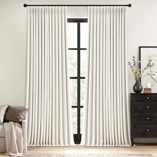 MIULEE Beige White Pinch Pleated 100% Blackout Linen Curtains 40x96 Inches