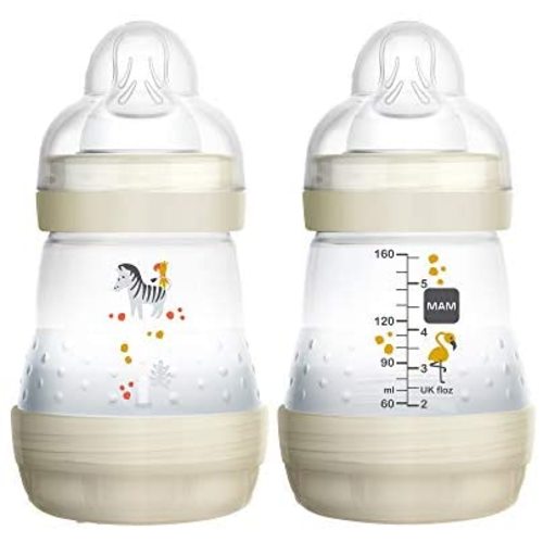 MAM Easy Start Anti-Colic Bottle, 5 oz (2-Count), Newborn Essentials, Slow Flow Bottles with Silicone Nipple, Unisex Baby Bottles, White