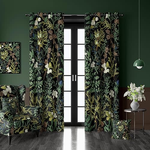 Botanical Curtains 100% Blackout 2 Panels Set Green Plant Black Out Curtain Black Floral Cottage Core Thermal Insulated Window Treatments Decor for Living Room Bedroom Curtain 52x84 Inch