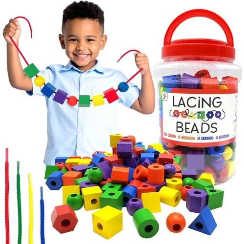 Wooden Lacing Beads for Toddlers 1-3 & 3-5 – 125 PCS with Storage Tub | Stringing Beads for Toddlers 1-3 & Fine Motor Skills Toy for Hand-Eye Coordination & Color Sorting