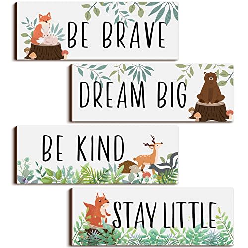 Yookeer 4 Pieces Woodland Nursery Decor Safari wall art Be kind brave curious Cute Jungle Animal Nursery Decor for Bedroom living room home 11x 3.9 Inches(White Background)