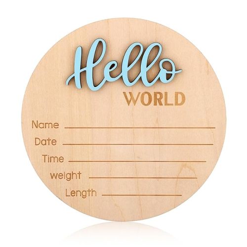 Newborn Announcement Sign, 15cm/5.9in Wooden Hello World Newborn Sign Birth Baby Name Plaques for Boys and Girls Baby Shower Photo Props or Hospital Nursery Decor (Blue)