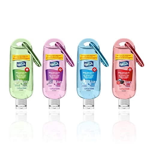 Wish Clip On Hand Sanitizer, 4 Pack Travel Size Bottles with Carabiner Clips, 1.8oz