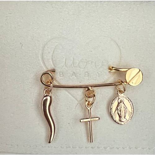 24k gold plated baby safety pin. Cornicello charm safety pin. Unisex brooch. Stroller brooch. Baby safety pin. baby pin