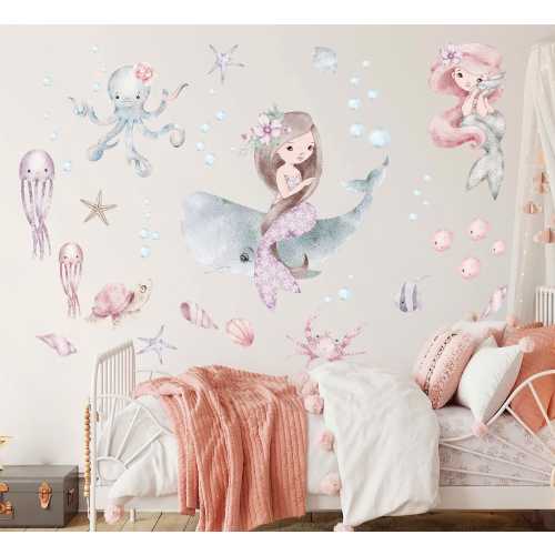 Watercolor Mermaid Whale Wall Decal – Under the Sea Ocean Stickers for Kids Room Decor
