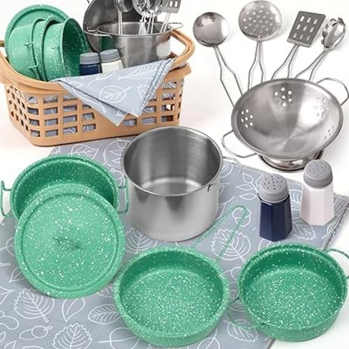 Kids Play Kitchen Toy Accessories Set Toddler Cooking Playset Colorful Stainless Steel Pots and Pans Birthday Gifts for 3+ Girls Boys (New Green)