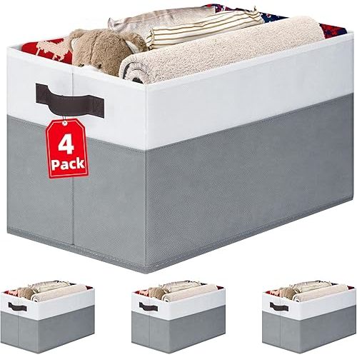 4 Pack Large Closet Storage Baskets Bins for Shelves | Fabric Closet Organizers and Storage with Handles Home Organization | Decorative Collapsible Baskets for Organizing Clothes Toy Nursery 14"x10"