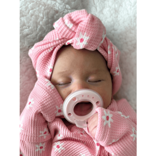 Organic Waffle Turban Headband, Pink Flower