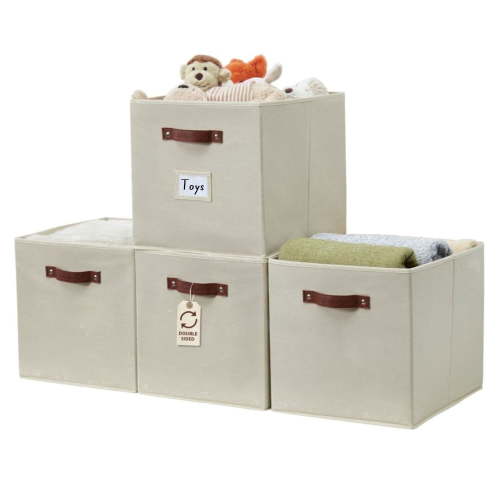 DECOMOMO Fabric Cube Storage Bin, Set of 4, Beige, Collapsible, Compatible with Ikea Kallax and BHG Shelving