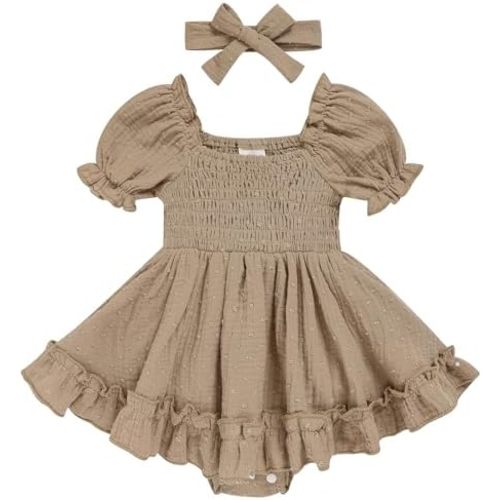 GRNSHTS Baby Girl Romper Dress, Puff Sleeve Smocked Outfit with Headband for Infants Soft Cotton Photo Shoot