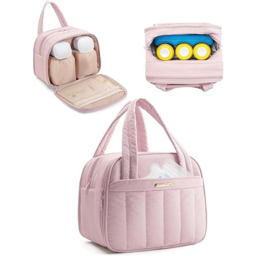 Marscamd Quilted Wearable Breast Pump Bag with Cooler Compartment | Wearable Pump Case Compatible with Momcozy and Most Brand Hands-Free Breast Pumps, Pink