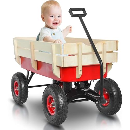 All Terrain Wagons for Kids Wagon with Removable Wooden Side Panels Garden Cart Heavy Duty with Steel Wagon Bed Folding Wagons for Pets Ideal Gift for Kids Halloween Christmas,Red