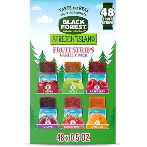 Black Forest, Stretch Island, Fruit Strips, Cherry, Apple, Raspberry, Grape, Strawberry, and Apricot, Zero Grams Added Sugar Non-GMO, 48 ct