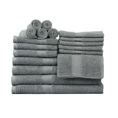 Mainstays 18 Piece 100% Cotton Towel Set, 4 Bath , 4 Hand and 10 Washcloths, Super Soft and Highly Absorbent Basic Solid Towel Set for Bathroom, Hotels, Spa and Gym – Grey