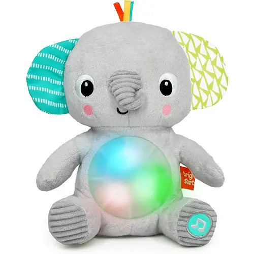 Bright Starts Hug-a-Bye Baby Elephant Stuffed Animal Musical Toy, Soft Toy Soother Plays Songs & Lights up, Newborn and up