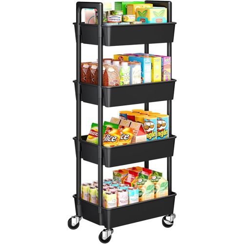 Pipishell 4-Tier Rolling Cart, Plastic Cart with Lockable Wheels & Reinforced Handle, Lightweight Utility Storage for Nursery, Bathroom, Craft Room, Black