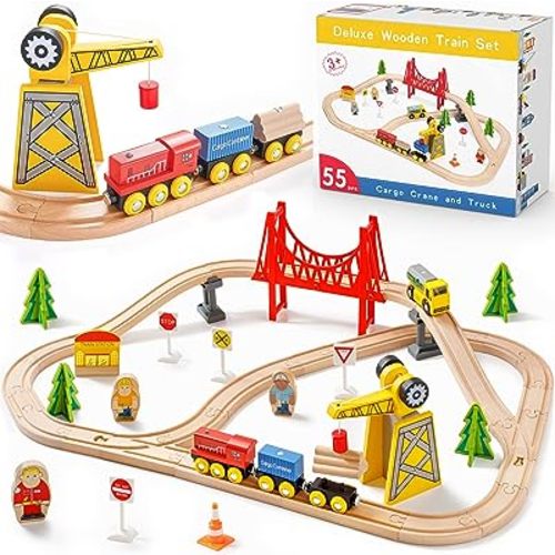 Tiny Land 55PCS Wooden Train Set - Compatible with Major Brand Tracks, Educational Toy for Toddlers & Kids Ages 3-7, Durable Wooden Railway Tracks
