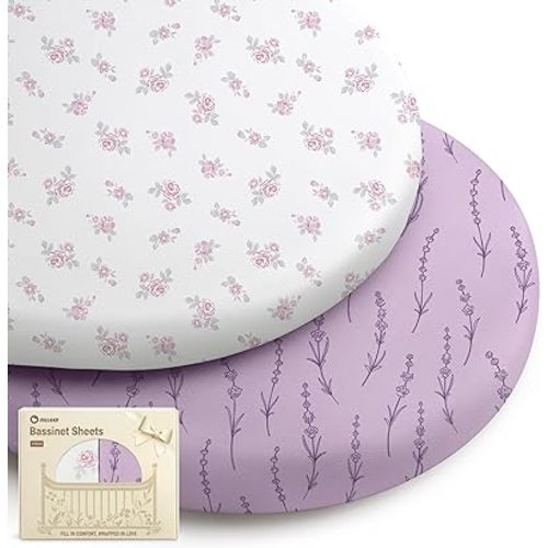 Bassinet Sheets for Baby Boys Girls, 2 Pack Fitted Bassinet Sheet Set, Soft Breathable Bassinet Cover Universal Fit for Oval Rectangle Round Hourglass Mattress