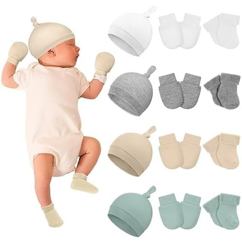 Ramede 4 Pack Preemie Baby Hats Mitten and Socks Set