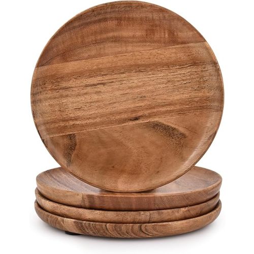 Samhita Acacia Wood Round Wood Plates Set of 4, Easy Cleaning & Lightweight for Dishes Snack, Dessert.(7" x 7" x 1")