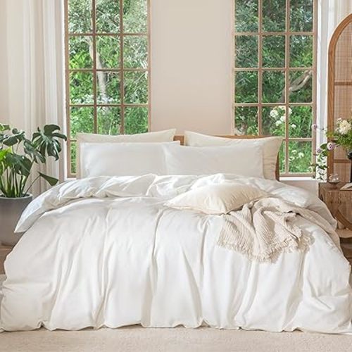 MooMee Bedding Duvet Cover Set 100% Washed Cotton Linen Like Textured Breathable Durable Soft Comfy (Solid Off White, Cal King 104"x98")