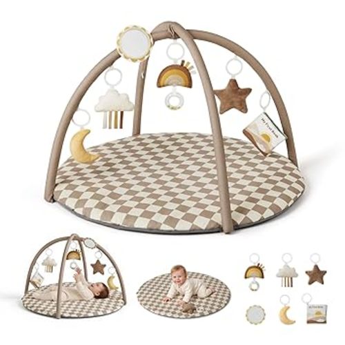 Blissful Diary Baby Play Gym Mat, Play Mat Activity Mat with 6 Detachable Toys for Stage-Based Sensory & Motor Skill Development, Easy to Install & Clean, Baby Essentials Gift, Brown Checkerboard