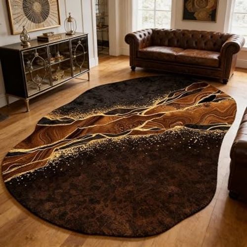 Marble Swirl Abstract Vintage Aesthetics Non Shedding Odd Shaped Rugs 4x6 Brown and Gold Rug for Bedroom Livingroom Farmhouse Guestroom Nursery Dorm Office Pet Friendly Washable Area Rugs