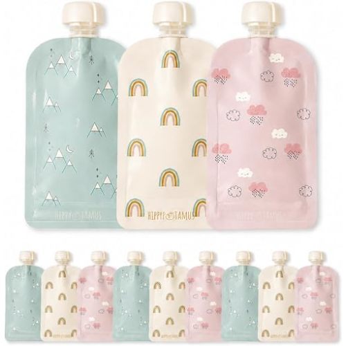 Hippypotamus Reusable Baby Food Pouches for Toddlers - BPA Free Food Grade - Dishwasher & Freezer Safe - Baby Food Containers - Refillable Squeeze Pouch For Applesauce & Yogurt - 12 Pack (Rainbows)
