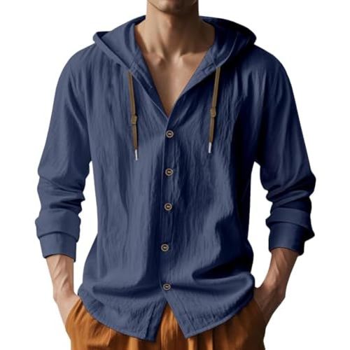 Men Cotton Linen Long Sleeve Button Down Shirt Summer Casual Hawaiian Beach Tops Lightweight Fashion Hoodies