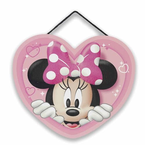 Open Road Brands Disney Minnie Mouse Heart Hanging Wood Sign - Cute Pink Minnie Mouse Decor for Kids' Bedroom or Nursery