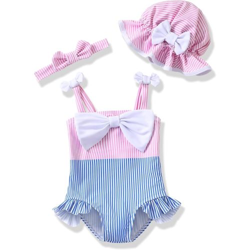 Renotemy Baby Girl Swimsuit Infant Bathing Suit Swimwear Sleeveless Bikini Tankini Toddler Girl One-Piece Swimsuit with Hat