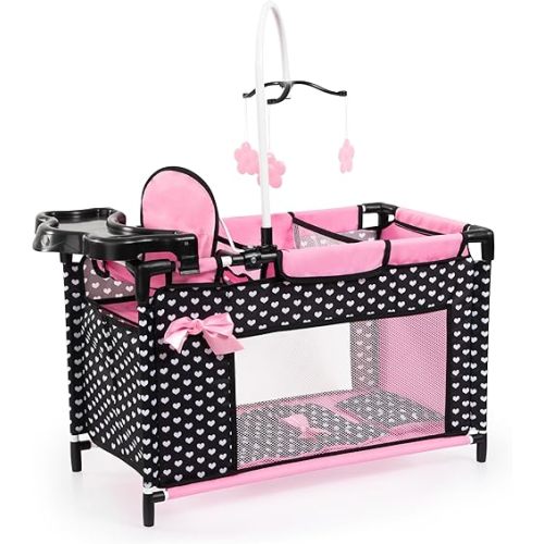 Bayer: Multi Bed - Black, Pink, Hearts - Accessory Set for Dolls Up to 18", Built-in High Chair, 3 Hangers, Pillow, Blanket, Kids Ages 3+