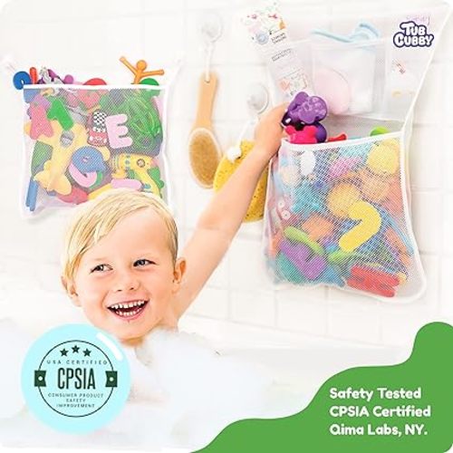 Original Tub Cubby Bath Toy Storage (2 -Pack) for Baby Bath Toys, Hanging bath toy holder with Suction & Adhesive Hooks, 14x20" Mesh Net Shower Caddy for Bathtub Toys, 36 Soft Foam Letters & Numbers - Classic Storage (2 Pack) + 26 Toys