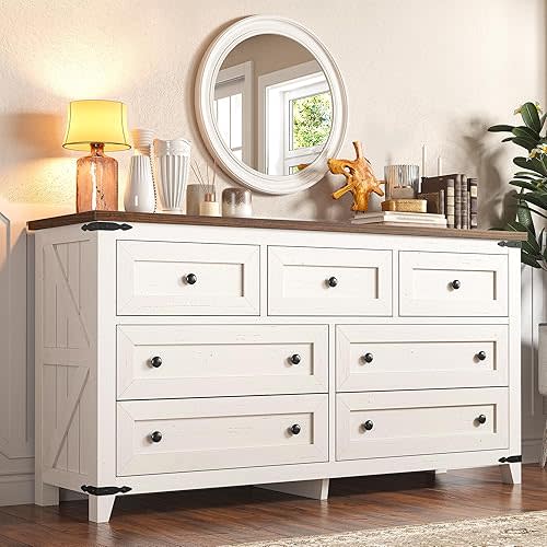EnHomee Dresser for Bedroom with 7 Drawers White Dresser with Smooth Metal Rail TV Stand for Bedroom, Hallway, 15" D x 51.2" W x 31.5" H, Antique White