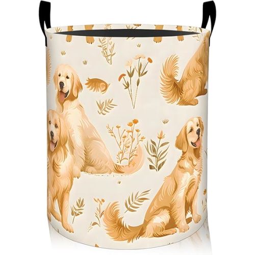 Cute Golden Retriever Dog Laundry Basket, Oxford Cloth Nature Dirty Clothes Collapsible Hamper for Room Decor, Puppy and Plant Print Gifts Toy Organizer 19.7*15.7 Inch for Bedroom Bathroom Dorm