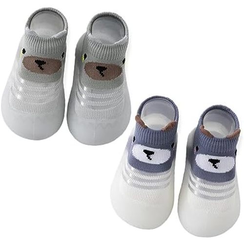 Toddler 2 Pairs Anti-Skid Socks Shoes Baby Boys Girls Rubber Sole Indoor First Walking Slippers