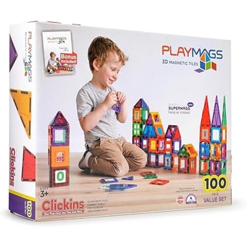 Playmags Magnetic Tiles for Kids – 100pcs Magnet Building Set for Toddlers Ages 1-5 | Stem Montessori Toy for 2 3 4 Year Old Boys & Girls | Toys for Toddlers, Preschool & Middle School Children