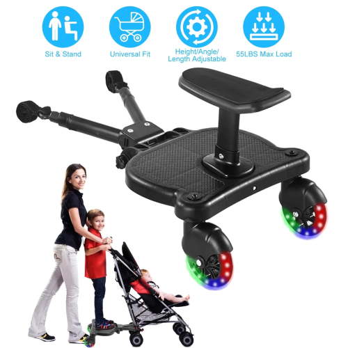 Wallfire Universal Stroller Board Buggy Board with 2 LED Lighted Wheels and Detachable Seat, 2in1 Sit and Stand Stroller Glider Board Holds Children Up to 55 LBs City Mini Stroller Standing Board