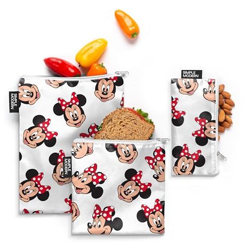 Simple Modern Disney Reusable Snack Bags for Kids, Girls, Boys | Food Safe, BPA & Phthalate Free Polyester Zip Pouch | Washable & Refillable Sandwich Bag | Ellie Collection | 3 pack | Minnie Mouse Fun