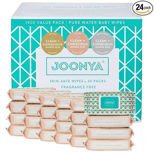 JOONYA Unscented Baby Wipes — Plant-Based, Fragrance-Free Bulk Diaper Wipes | Hypoallergenic, Non-Toxic & Biodegradable Wet Wipes for Sensitive Newborn Skin | 24 Packs of 80 (1,920 Total)