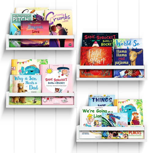 Set of 4 Floating Book Shelves for Wall, White Nursery Book Shelf for Kids Room, Bamboo Wood Hanging Bookshelf for Baby Teen Boys Girls, Wall Mounted Shelves for Bedroom Bathroom Decor,White