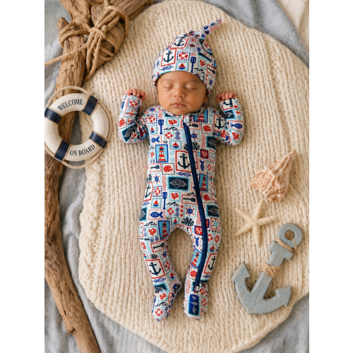 Seaside Bamboo Baby Footie|Nautical Red White Blue Outfit 4th of July – SpearmintLOVE