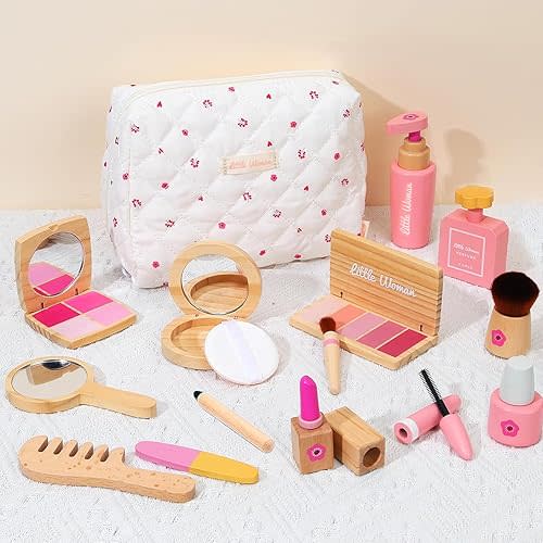 Wooden Pretend Makeup Kit for Toddlers: Non Toxic Mess Free Play Makeup Toy Set for 2 3 4 Year Old Girls - Perfect Toddler Montessori Toys Christmas Birthday Gift Ideas