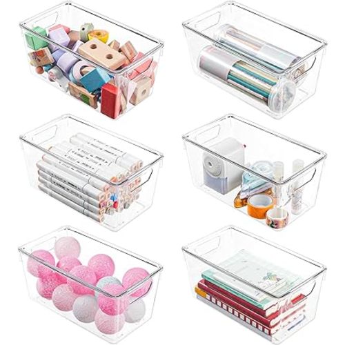 6 Pack Clear Storage Bins with Lids, Small Acrylic Arts and Craft Storage Containers, Stackable Clear Plastic Craft Storage Bins with Handles for Pantry Organizers and Storage, Kitchen, Fridge, Office