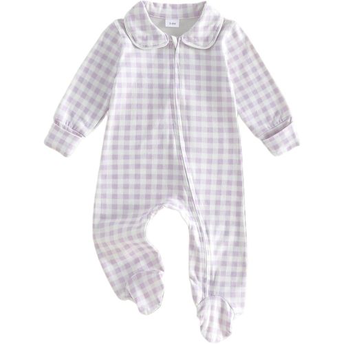 BULINGNA Newborn Baby Boy Girl Gingham Footed Romper Peter Pan Collar Infant Long Sleeve Zipper Jumpsuit Coming Home Outfit
