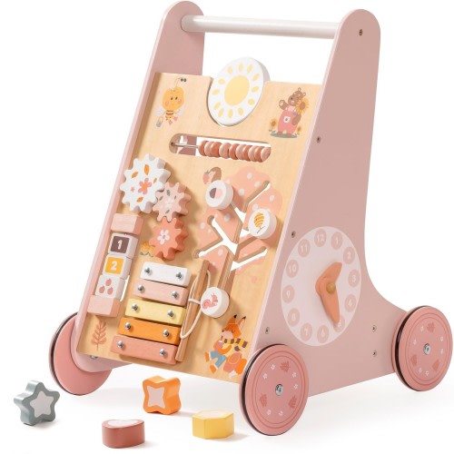 Wooden Baby Walker, Baby Push Walker with Activity Center and Storage, Montes...