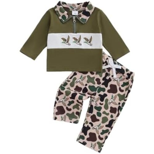 Toddler Baby Boy Hunting Outfit Long Sleeve Flying Duck Embroidery Sweatshirt+Pants Set Fall Winter Baby Clothes